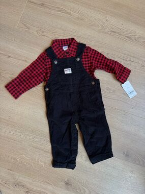NWT Carter’s Black Corduroy Overalls with Red Plaid Shirt - Kids 6m